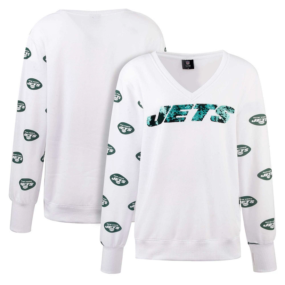 T-shirt à col en V molleton sequins New York Jets Cuce blanc pour femmes