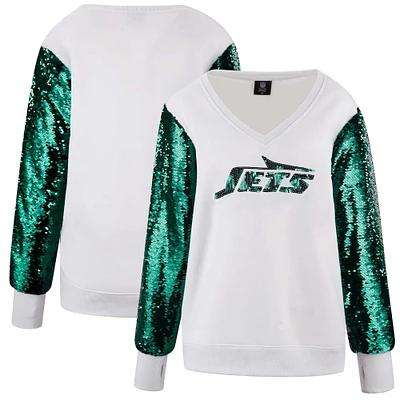 Sweat-shirt à col en V et manches paillettes pour femme Cuce White New York Jets