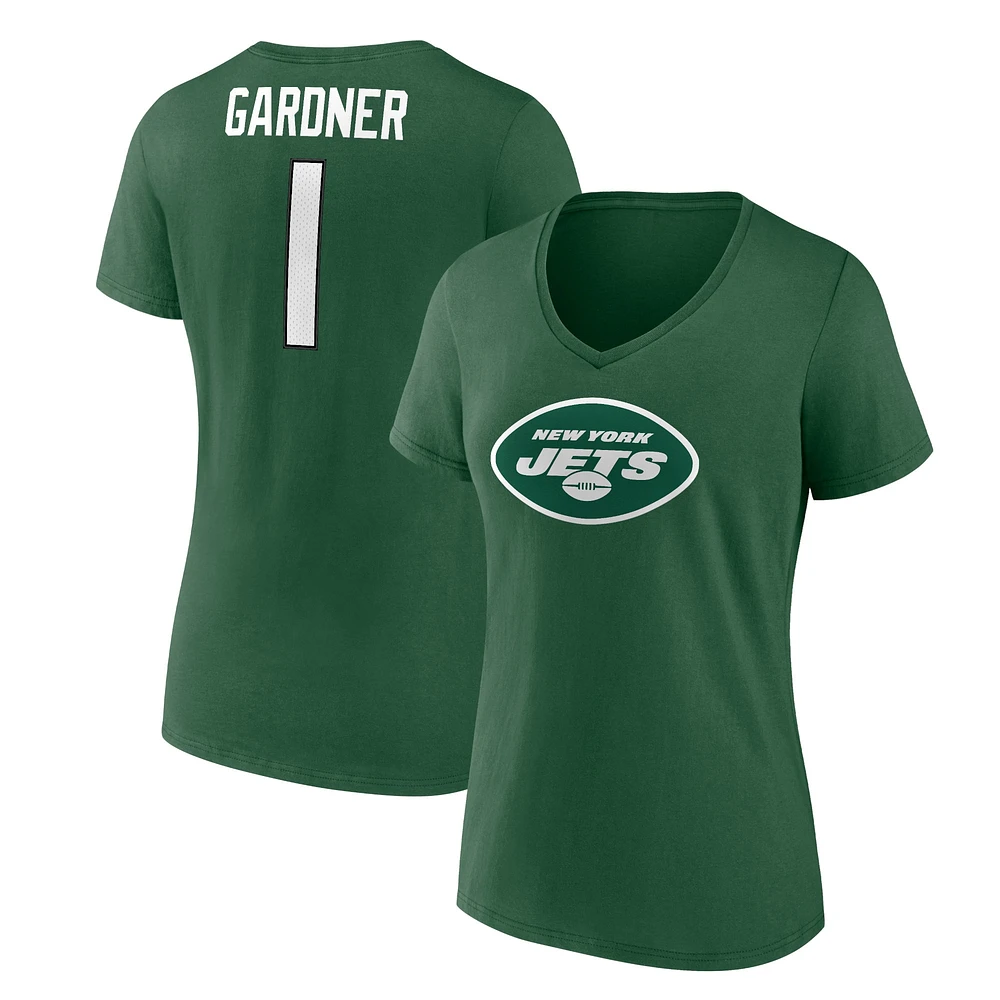 Fanatics Ahmad Sauce Gardner pour femmes, noir, icône du joueur des New York Jets, nom et numéro, t-shirt à col en V