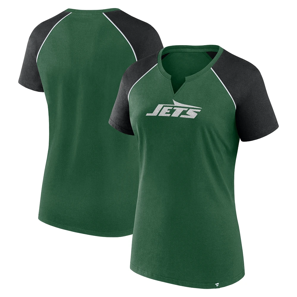 T-shirt raglan pailleté vert/noir pour femme Fanatics New York Jets