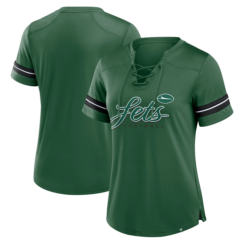 T-shirt à lacets vert fanatiques pour femmes avec inscription Play Script des New York Jets