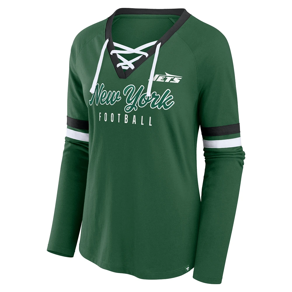 Women's Fanatics Green New York Jets Won and Done Lace-Up Long Sleeve Fashion Top