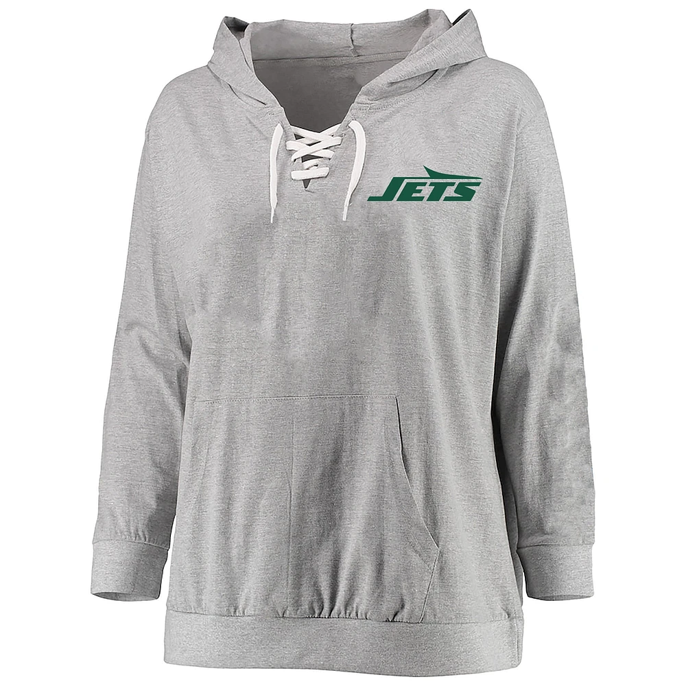 Women's Fanatics Heather Gray New York Jets Plus Lace-up Pullover Hoodie