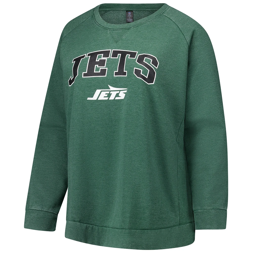 Women's Fanatics  Heather Green New York Jets Acid Wash Raglan Pullover Sweatshirt