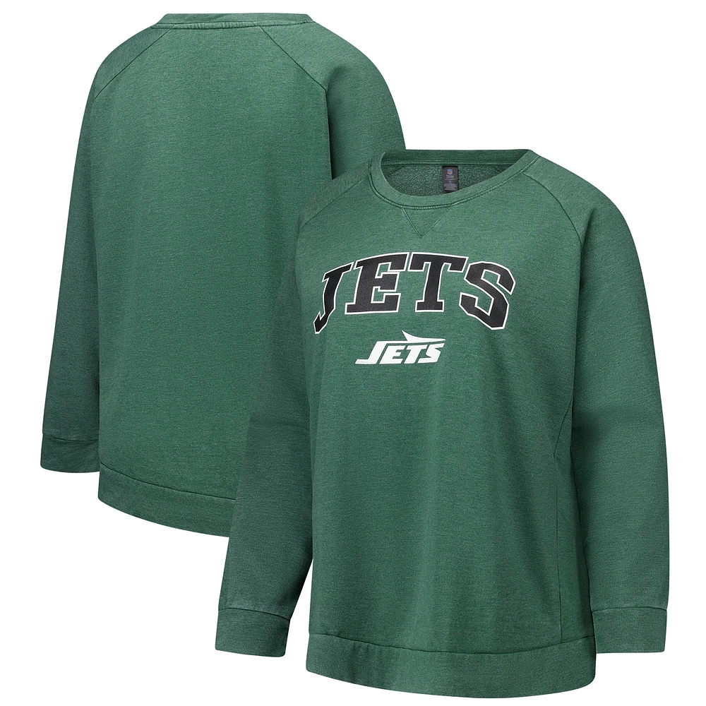 Women's Fanatics  Heather Green New York Jets Acid Wash Raglan Pullover Sweatshirt