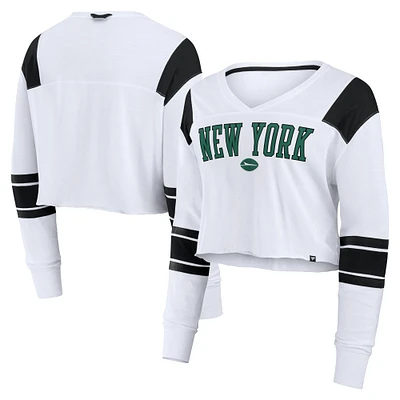 T-shirt à manches longues extensible et court pour femme Fanatics New York Jets blanc