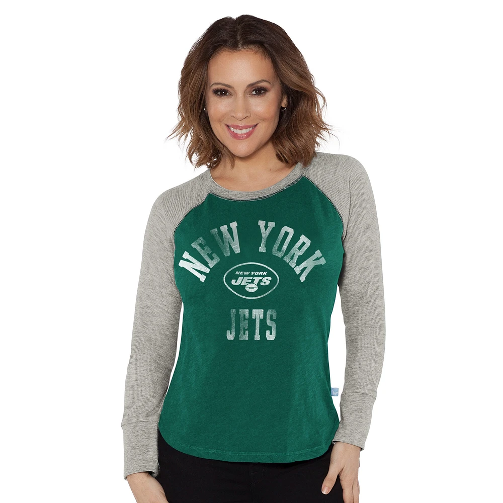 T-shirt à manches longues raglan en tricot gaufré G-III 4Her par Carl Banks pour femme, vert/gris chiné, des New York Jets