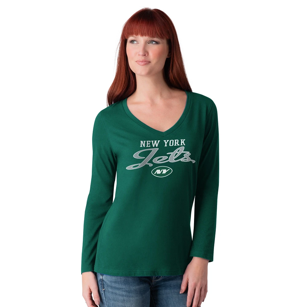 T-shirt à manches longues et col en V G-III 4Her de Carl Banks pour femme, vert, des New York Jets