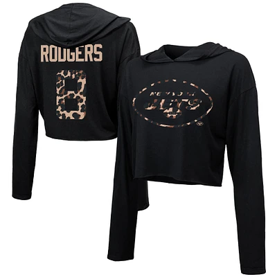 Majestic Threads Aaron Rodgers pour femmes, noir, New York Jets, léopard, nom et numéro du joueur, sweat à capuche court manches longues