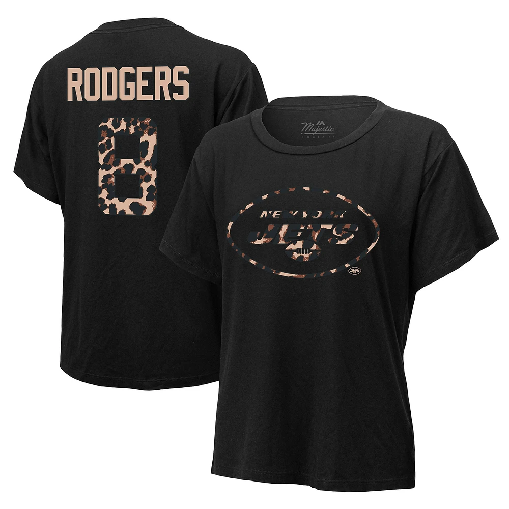 T-shirt à trois mélanges noir avec nom et numéro du joueur des Jets de New York pour femmes Majestic Threads Aaron Rodgers