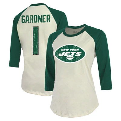 Majestic Threads Ahmad Sauce Gardner Crème/Vert New York Jets Player Raglan Nom et numéro T-shirt ajusté à manches 3/4 pour femme