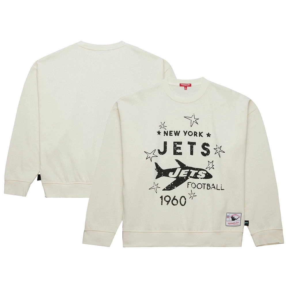 Women's Mitchell & Ness  Cream New York Jets Throwback Logo 3.0 Pullover Sweatshirt