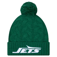 Bonnet tricoté à revers torsadé vert New Era pour femme avec pompon New York Jets