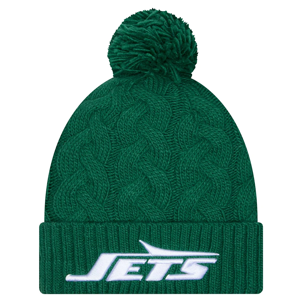 Bonnet tricoté à revers torsadé vert New Era pour femme avec pompon New York Jets