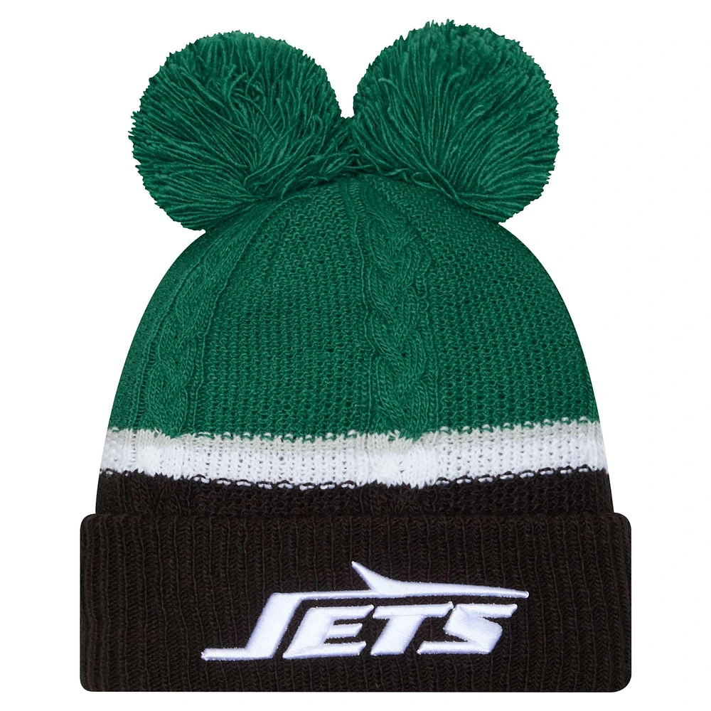 Bonnet en tricot à revers double bulle New Era vert New York Jets pour femme avec pompons