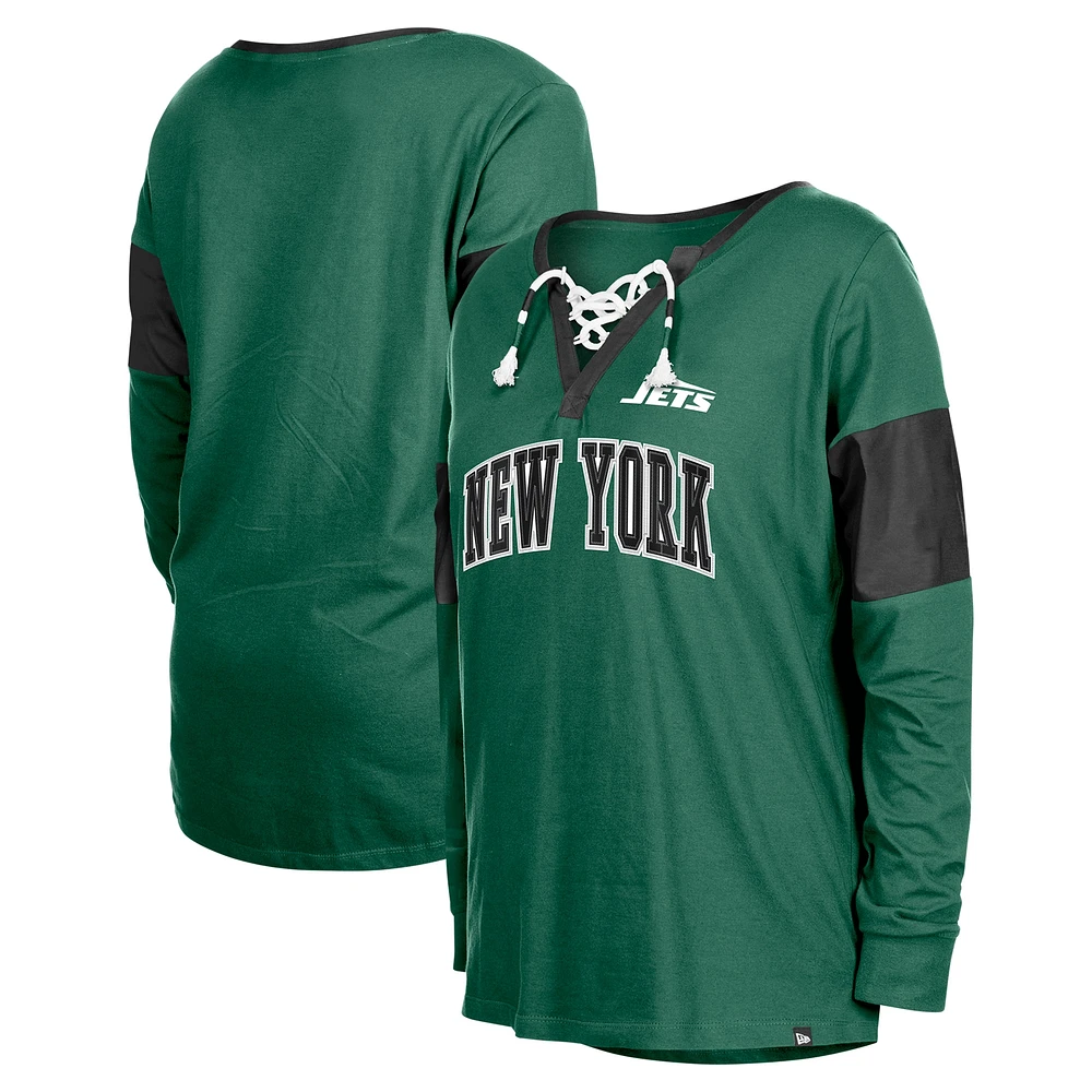 T-shirt vert à manches longues et col cranté lacets New Era pour femmes des York Jets