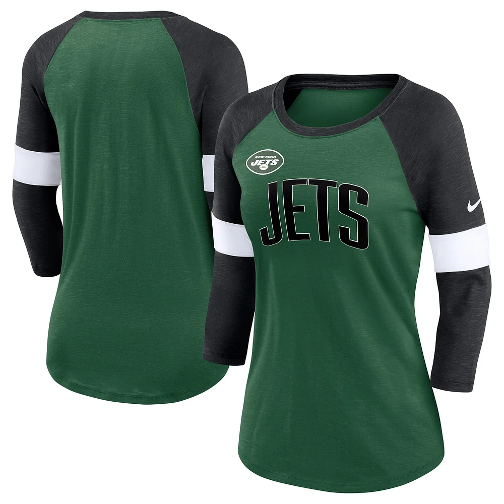 T-shirt à manches 3/4 raglan Nike New York Jets pour femme Vert chiné/Noir chiné Football Pride