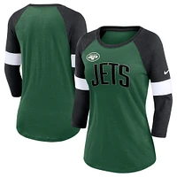 T-shirt à manches 3/4 raglan Nike New York Jets pour femme Vert chiné/Noir chiné Football Pride