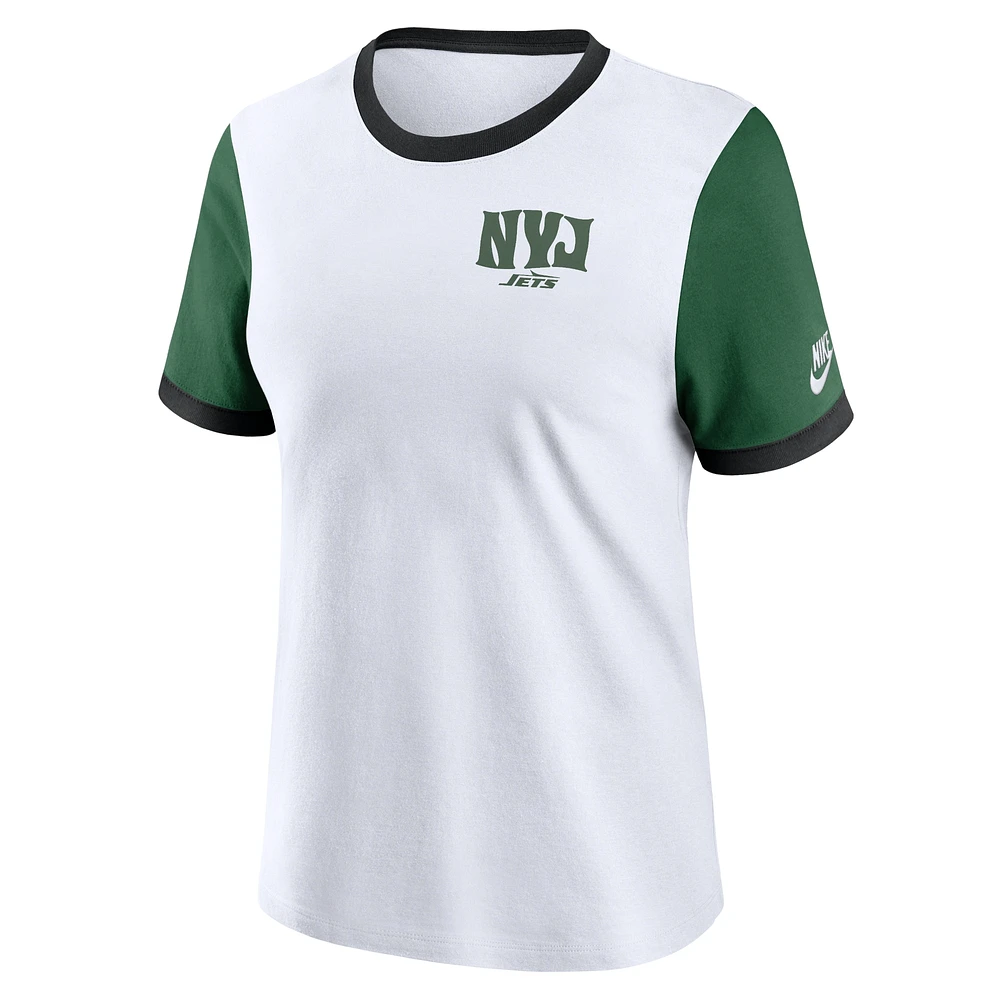 T-shirt Nike Rewind Ringer blanc/vert pour femme des New York Jets