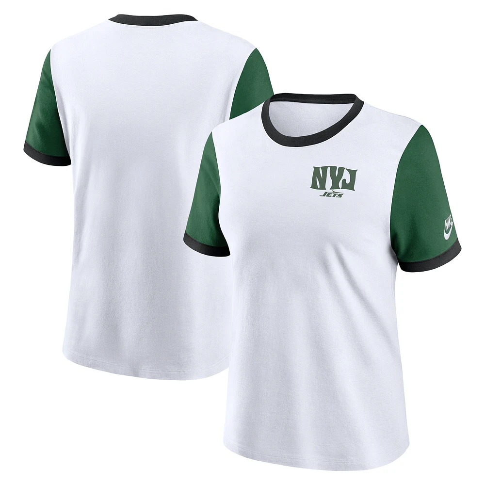 T-shirt Nike Rewind Ringer blanc/vert pour femme des New York Jets