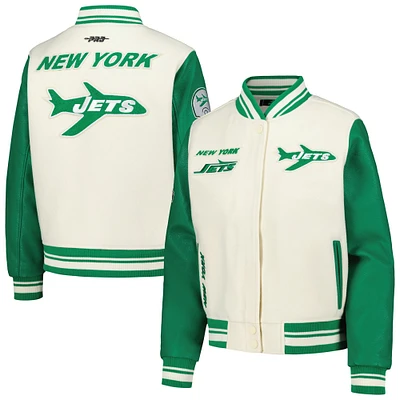 Veste universitaire rétro classique vintage à fermeture éclair complète Pro Standard crème pour femmes des New York Jets