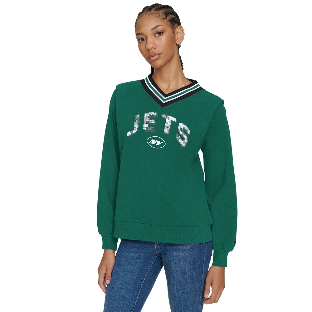 Women's Tommy Hilfiger Green New York Jets Alice V-Neck Pullover Sweatshirt