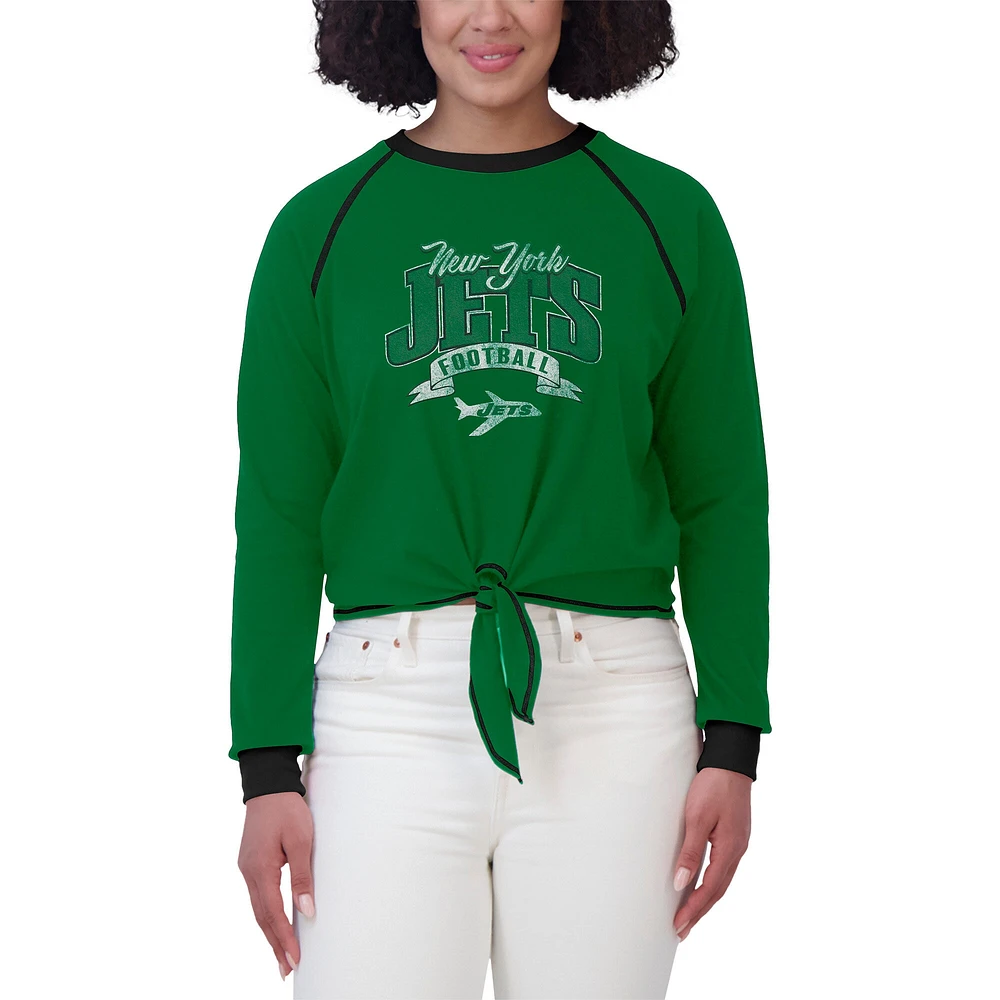 Women's WEAR by Erin Andrews Green/Black New York Jets Plus Tie-Front Long Sleeve Top