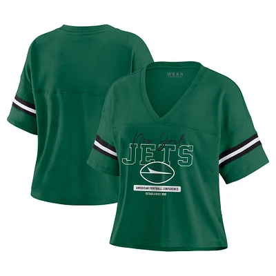 Women's WEAR by Erin Andrews Green New York Jets Color Block Boxy Modest Crop V-Neck T-Shirt