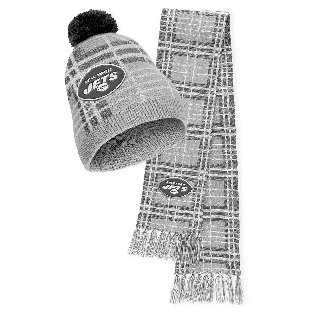 Women's WEAR by Erin Andrews New York Jets Plaid Knit Hat with Pom & Scarf Set