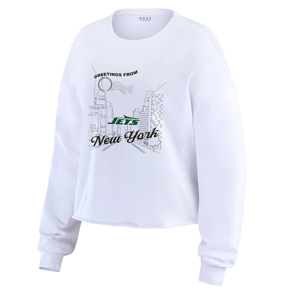 Women's WEAR by Erin Andrews White New York Jets Postcard Cropped Long Sleeve Top