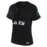 Women's WEAR by Erin Andrews x Gracie Hunt Black New York Jets Draft Me Lace-Up T-Shirt