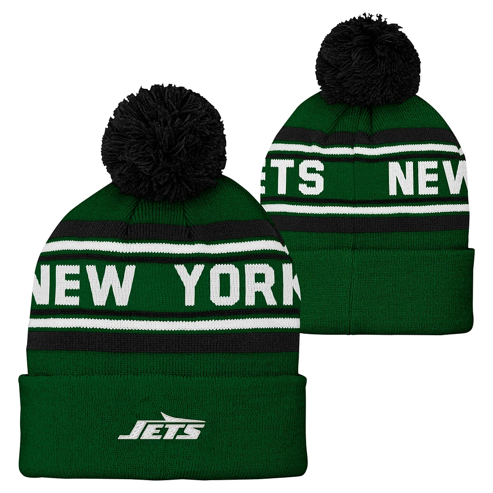 Bonnet tricoté à revers en jacquard vert pour jeunes avec pompon des New York Jets