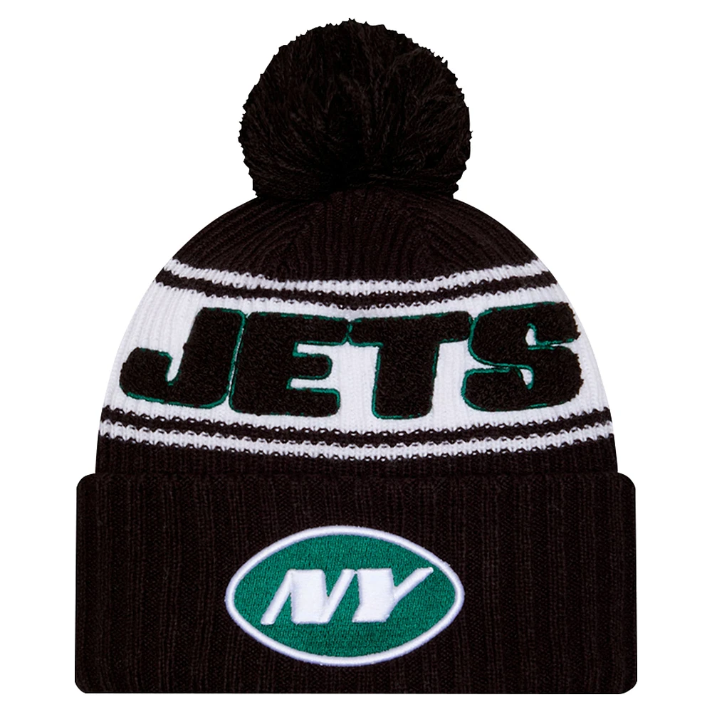 Youth New Era Black New York Jets 2024/25 Sideline Cuffed Knit Hat with Pom