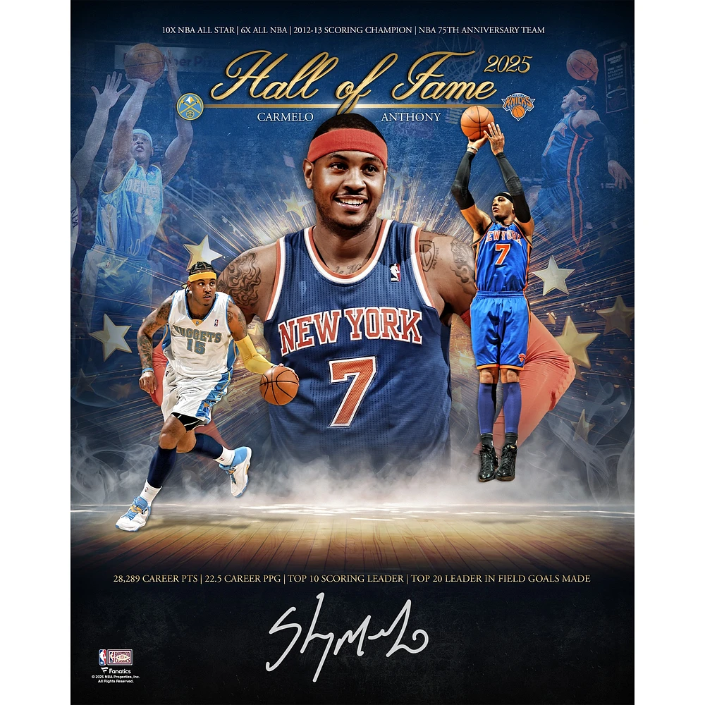 Photographie autographiée de Carmelo Anthony, membre du Temple de la renommée des New York Knicks, 40 x 50 cm