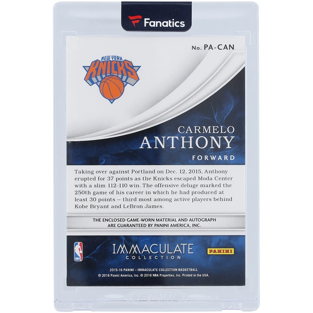 Carmelo Anthony New York Knicks Autographié 2015-16 Panini Immaculate Collection Patch Autographié 3 Couleur Relic #PA-CAN #16/60 Carte