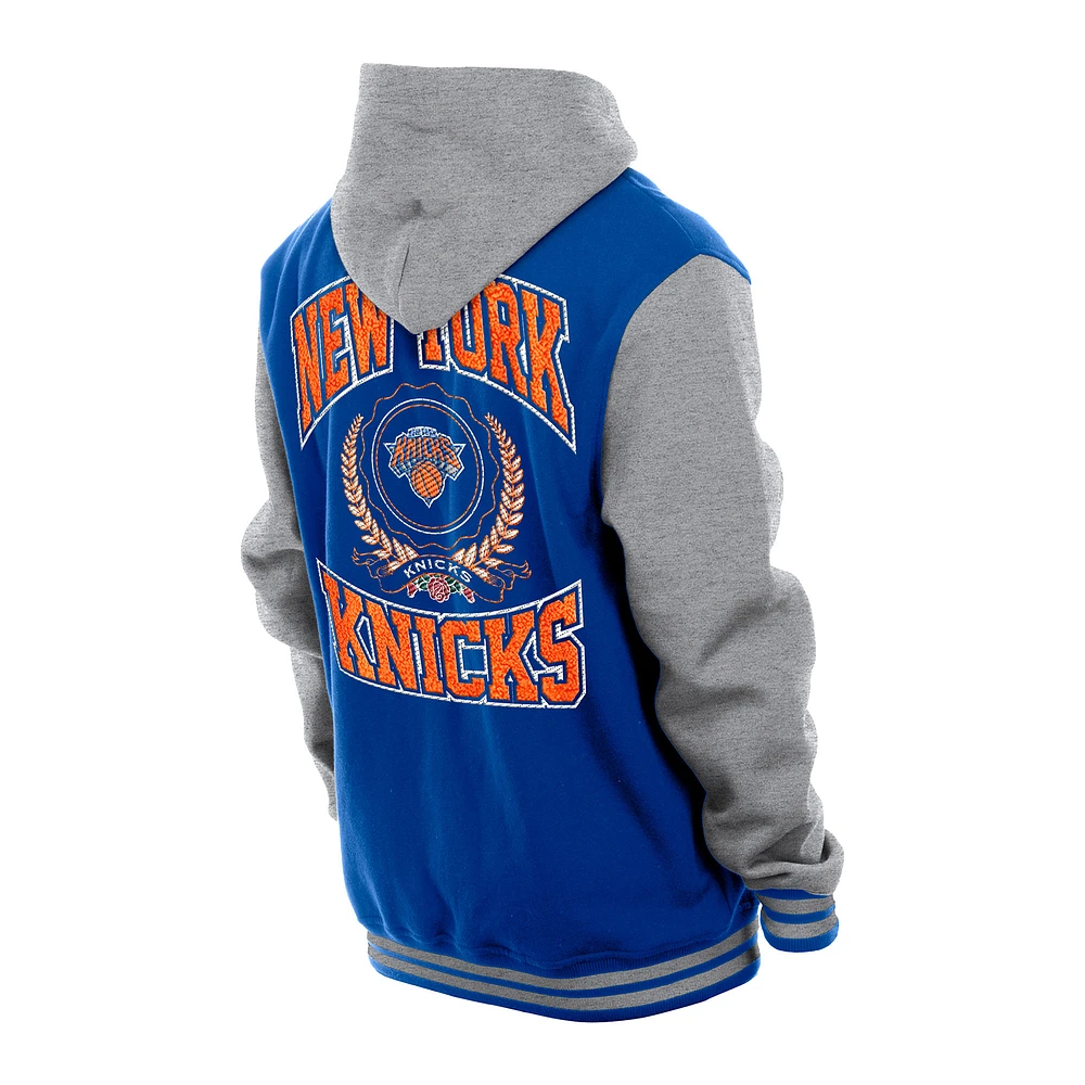 Men's New Era  Blue New York Knicks Throwback Prep Chenille Full-Snap Hooded Varsity Jacket