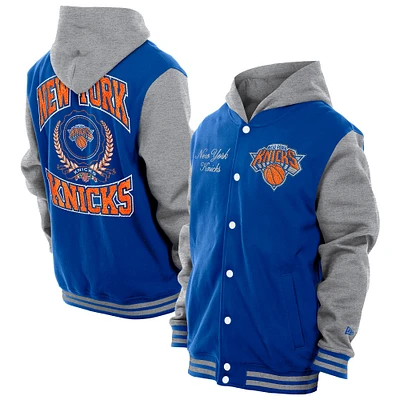 Men's New Era  Blue New York Knicks Throwback Prep Chenille Full-Snap Hooded Varsity Jacket