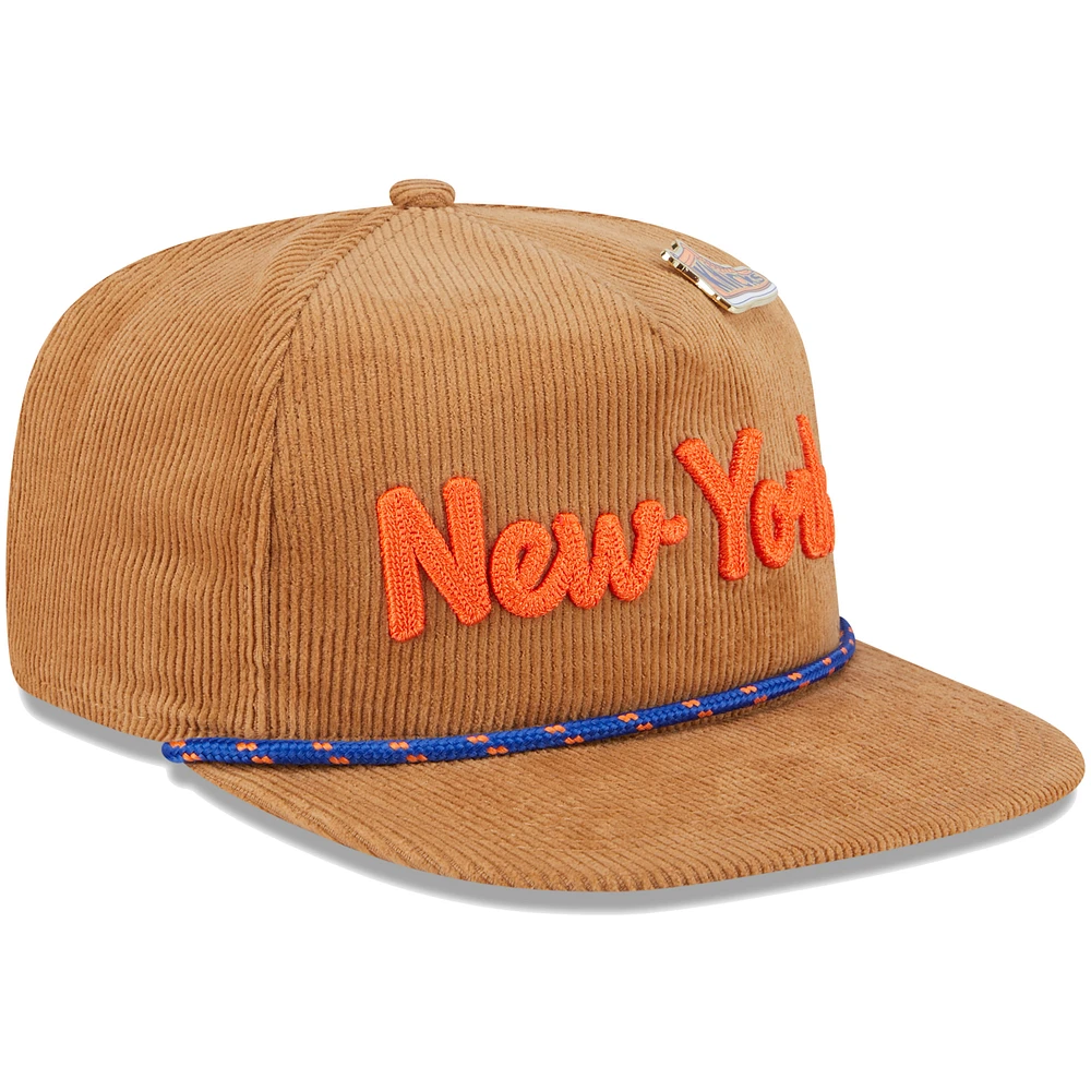 Casquette ajustable en velours côtelé Victory Grove pour homme New Era Tan New York Knicks