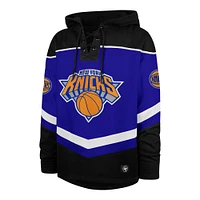 Men's '47 Blue New York Knicks Oversized Tri-Satin Layup Lacer Pullover Hoodie