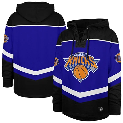 Men's '47 Blue New York Knicks Oversized Tri-Satin Layup Lacer Pullover Hoodie