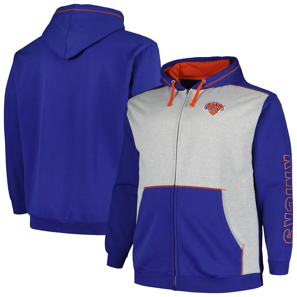 Sweat à capuche entièrement zippé avec coutures contrastées pour hommes Fanatics bleu/gris chiné New York Knicks Big & Tall