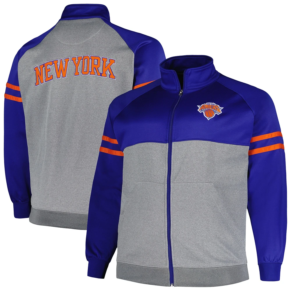 Veste de survêtement entièrement zippée New York Knicks Fanatics bleu/gris chiné pour hommes Big & Tall Pieced Stripe Raglan