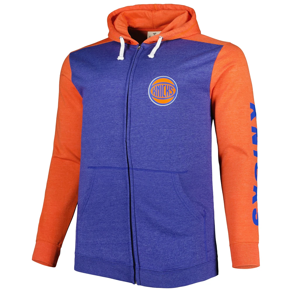 Men's Fanatics Heathered Blue/Heathered Orange New York Knicks Big & Tall Down and Distance Full-Zip Hoodie