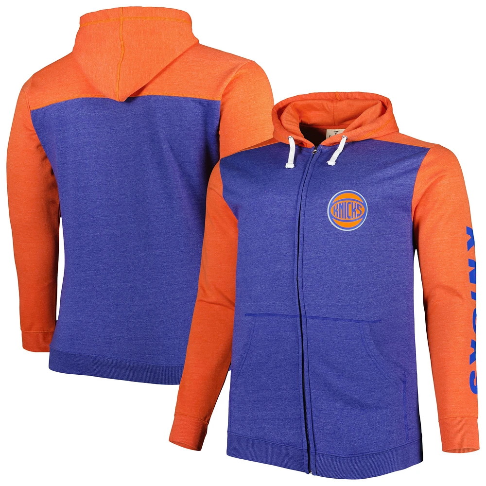 Men's Fanatics Heathered Blue/Heathered Orange New York Knicks Big & Tall Down and Distance Full-Zip Hoodie