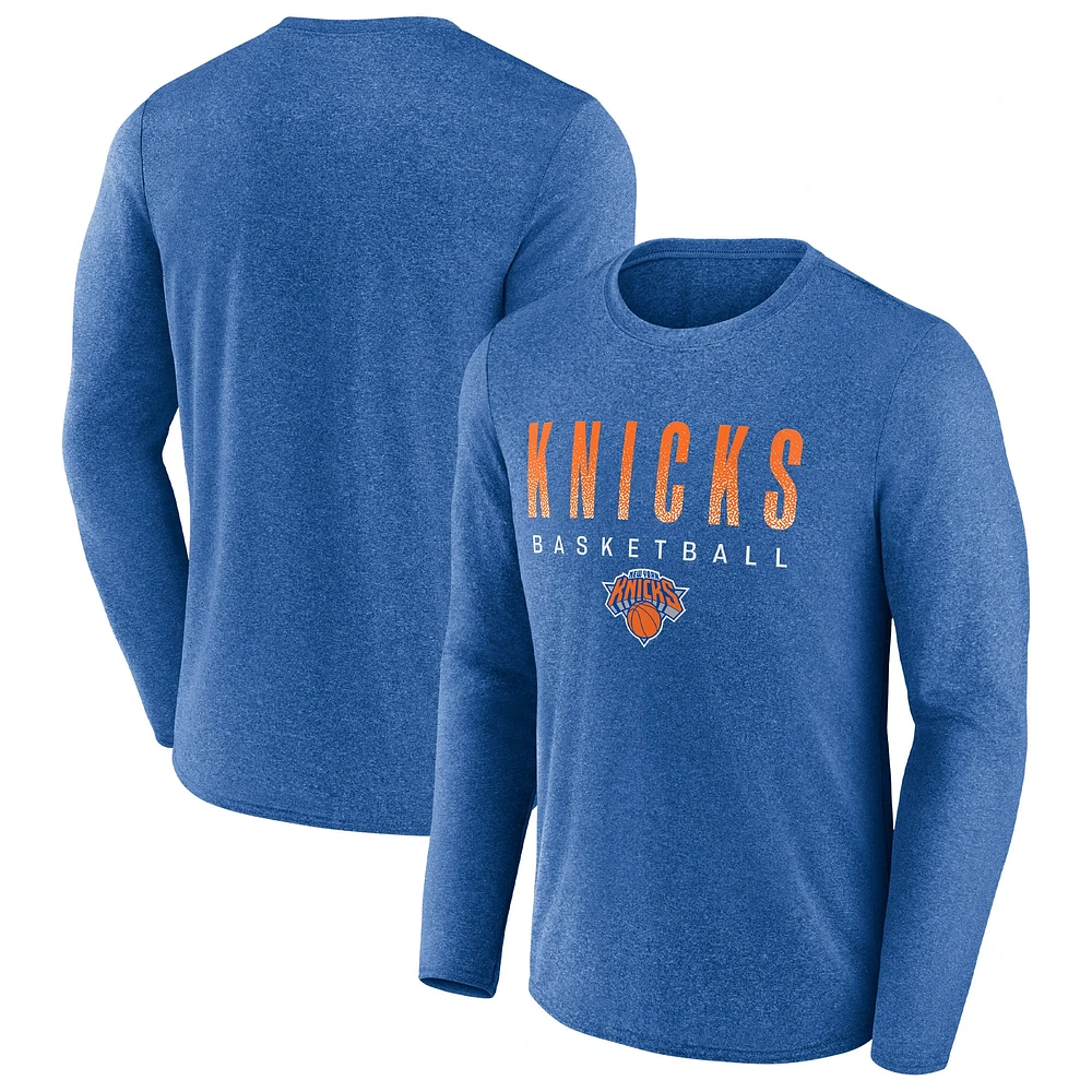 T-shirt à manches longues pour hommes Fanatics Heathered Blue New York Knicks Where Legends Play Iconic Practice