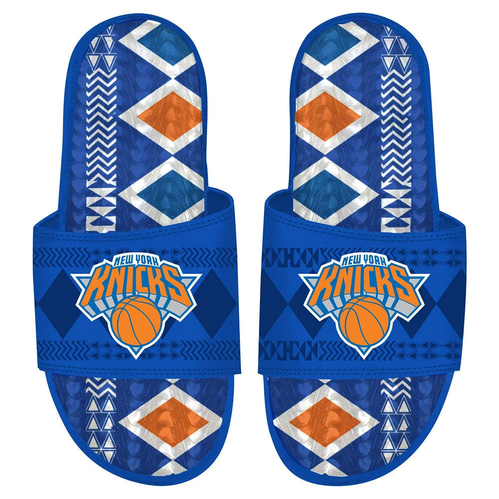 Men's ISlide Blue New York Knicks Shooting Touch Rwanda Pattern Gel Slide Sandals