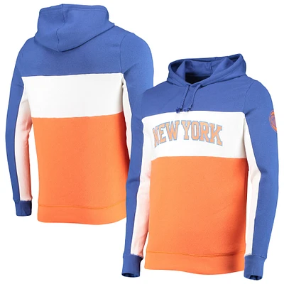 Men's Junk Food Blue/White New York Knicks Wordmark Colorblock Fleece Pullover Hoodie