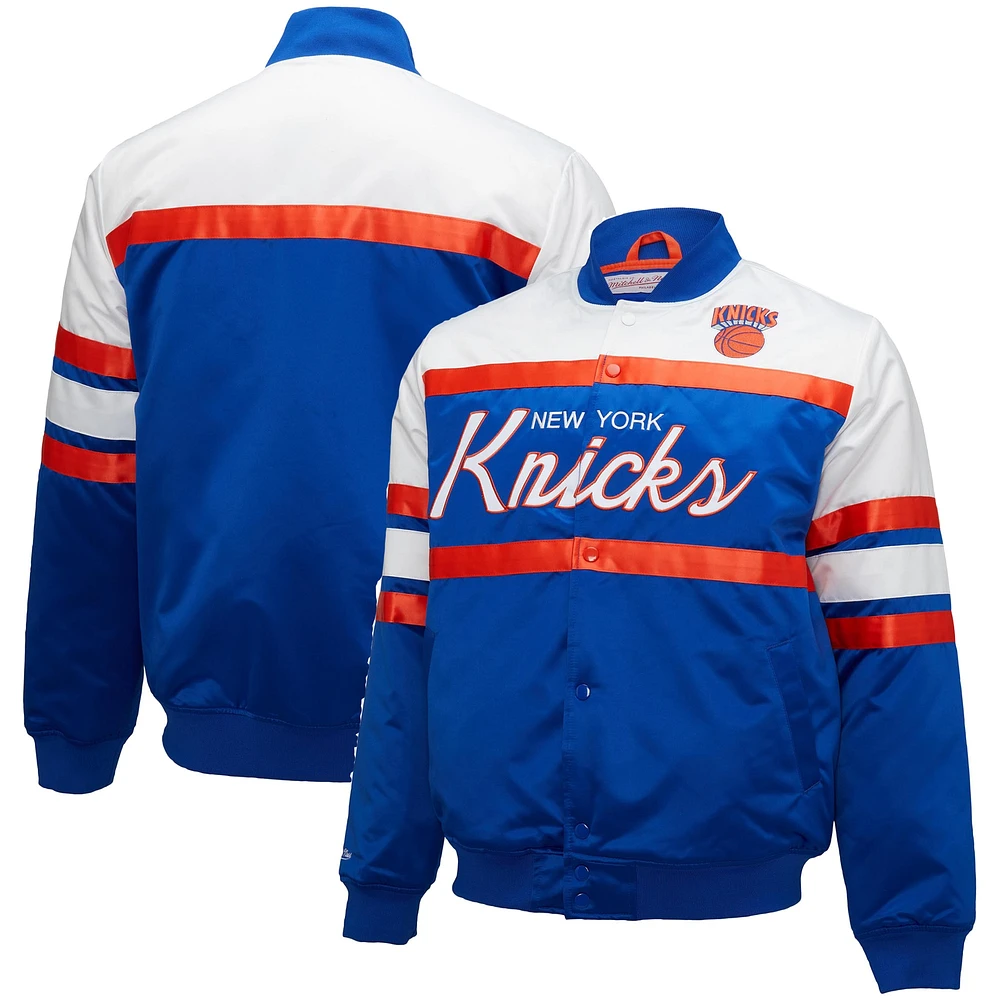 Veste en satin épais à bouton-pression pour hommes Mitchell & Ness bleu/blanc New York Knicks Big Tall