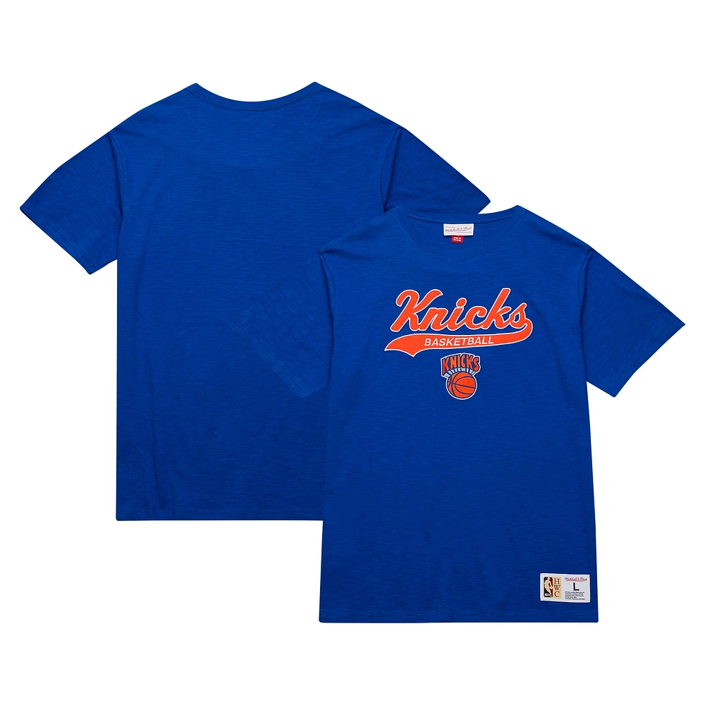 Men's Mitchell & Ness Blue New York Knicks Hardwood Classics Felt Applique Slub T-Shirt