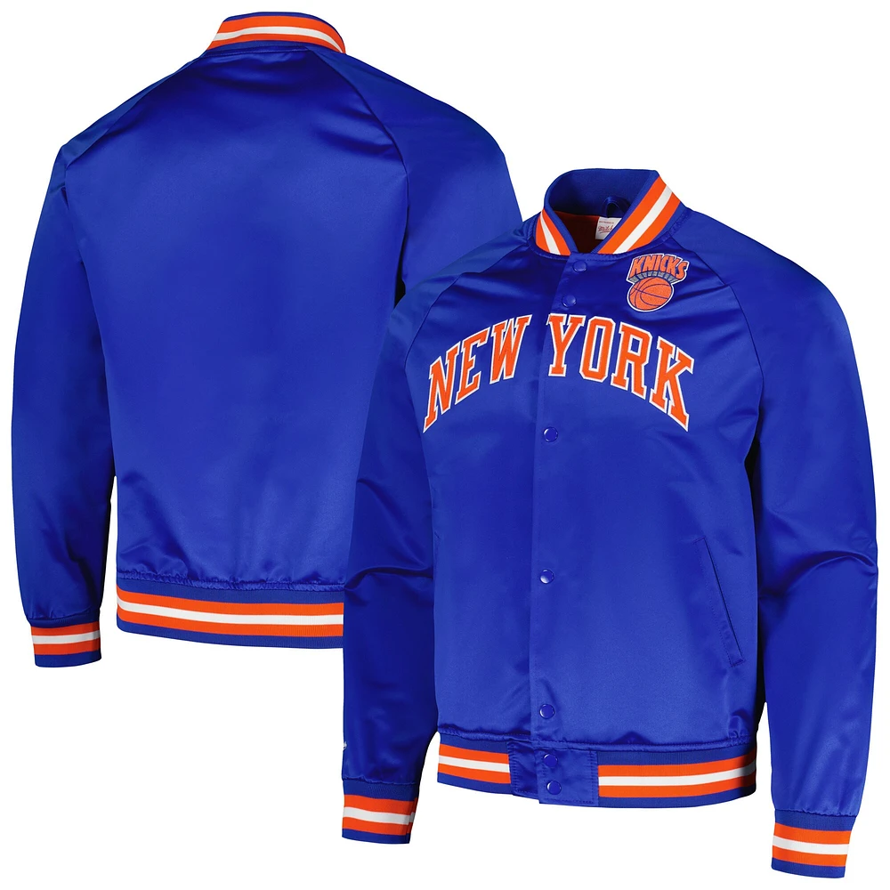 Men's Mitchell & Ness Blue New York Knicks Hardwood Classics  Throwback Wordmark Raglan Full-Snap Jacket